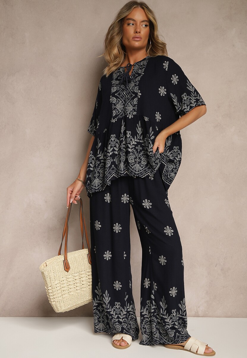 Granatowy Komplet z Wiskozy Spodnie i Bluzka Ozdobiona Wiązaniem Lunarelis