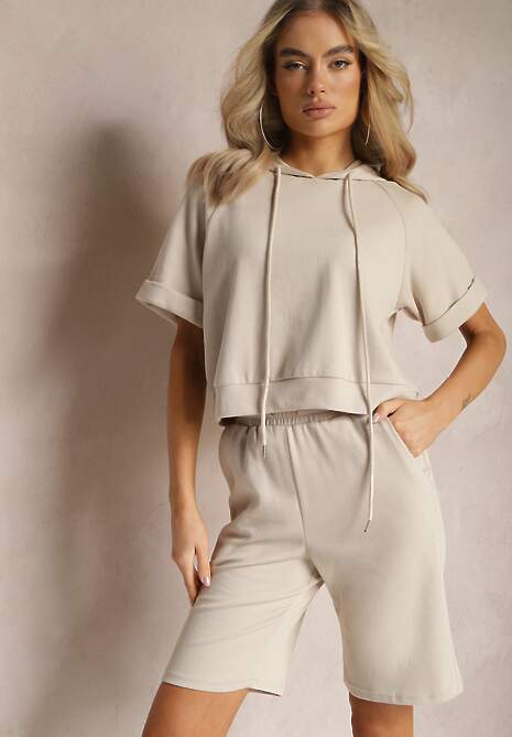 Beżowy Komplet Dresowy Bluza z Kapturem i Krótkimi Rękawami oraz Szorty Choana