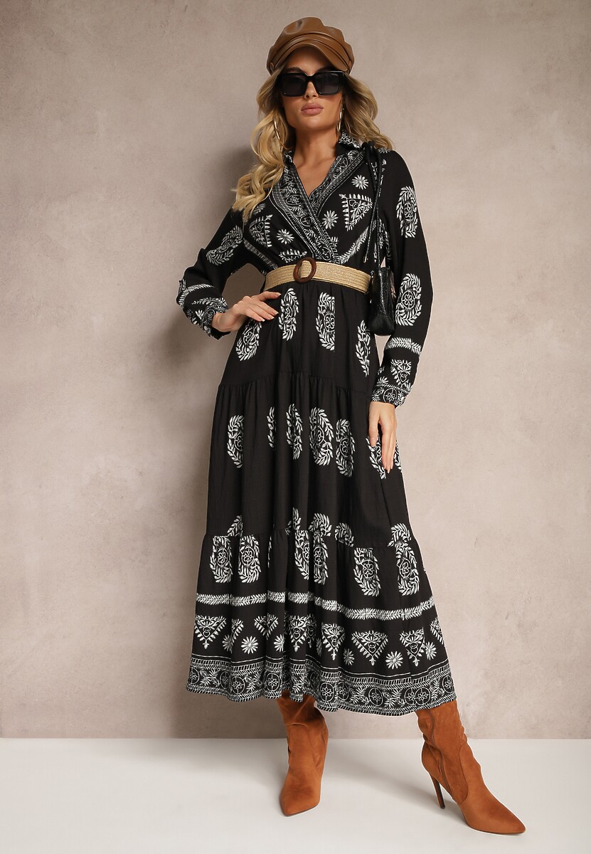 Czarna Sukienka z Wiskozą i Kopertowym Dekoltem Mirilaine