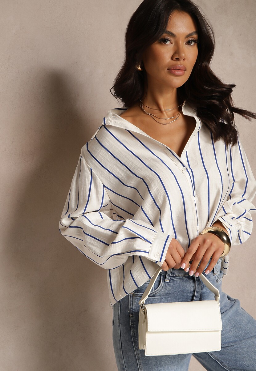 Biała Koszula Ozdobiona Printem w Paski z Bawełny i Wiskozy Hizea