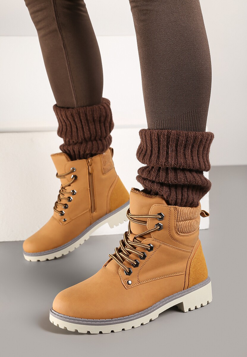 Brązowe Sznurowane Casualowe Traperki na Płaskiej Podeszwie Relobia