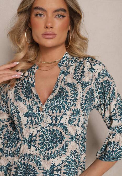 Granatowo-Beżowa Bawełniana Sukienka o Rozkloszowanym Kroju w Ornamentalny Print Laniwea