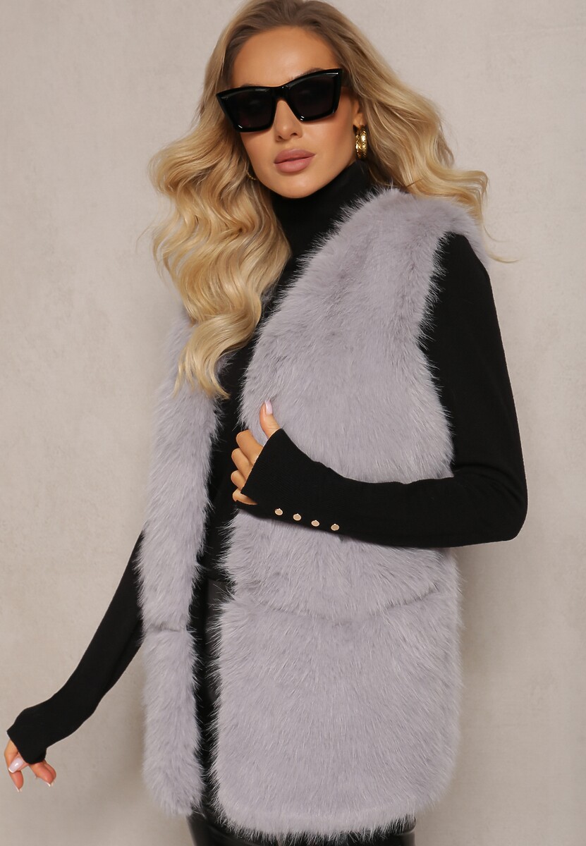 Niebieska Puchata Kamizelka z Futerka Ozdobiona Imitacją Skóry Tekllesa