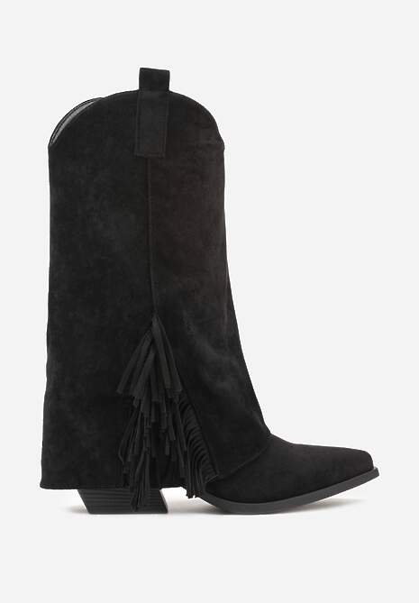 Czarne Botki Kowbojki na Stożku Ozdobione Frędzlami Reielle