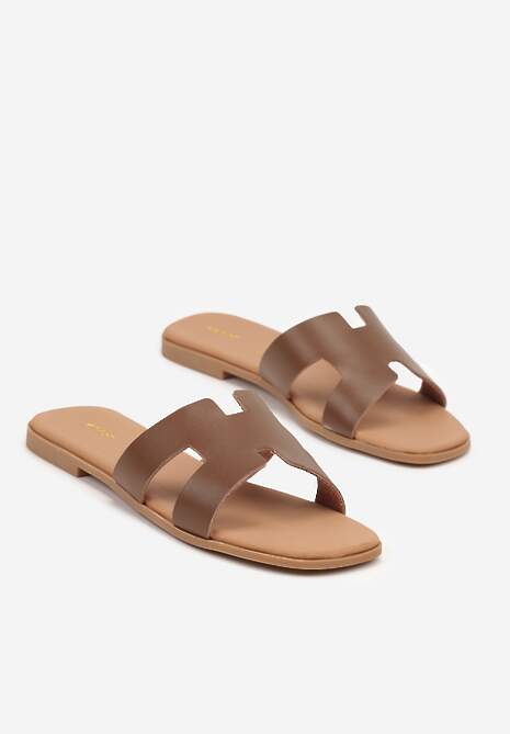 Brązowe Klapki Vices ze Skóry Naturalnej Ozdobione Wycięciami Arqelia