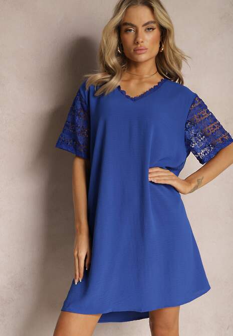 Granatowa Pudełkowa Sukienka Mini z Koronkowymi Wykończeniami Oirelyn