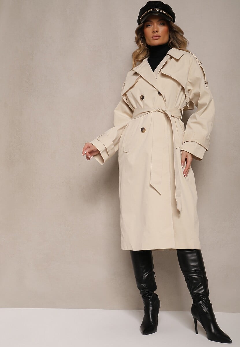 Beżowy Płaszcz Trencz o Dwurzędowym Kroju z Rozcięciem i Klapą Wiązany w Talii Valezi