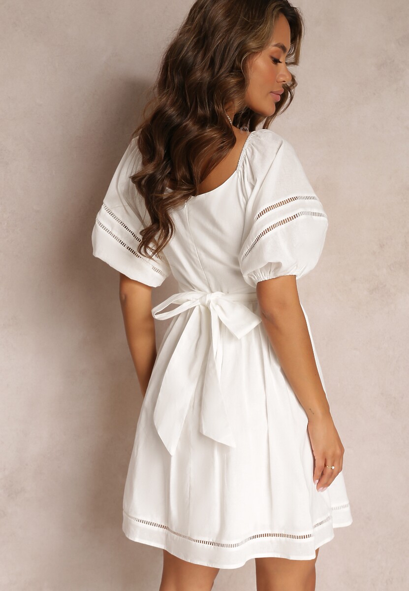 Biała Sukienka Mini z Bufiastymi Rękawami z Lnu i Bawełny Lynla