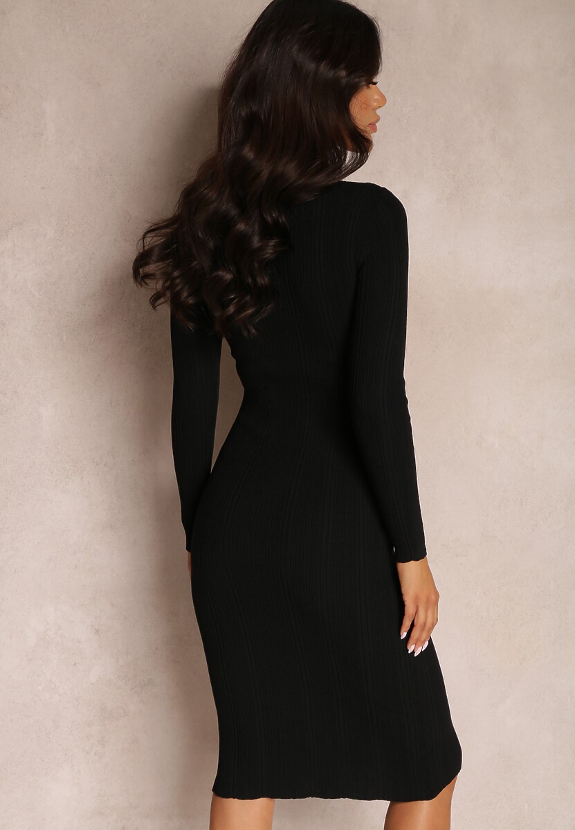 Czarna Sukienka Dopasowana z Prążkowanej Wiskozy Nazakat