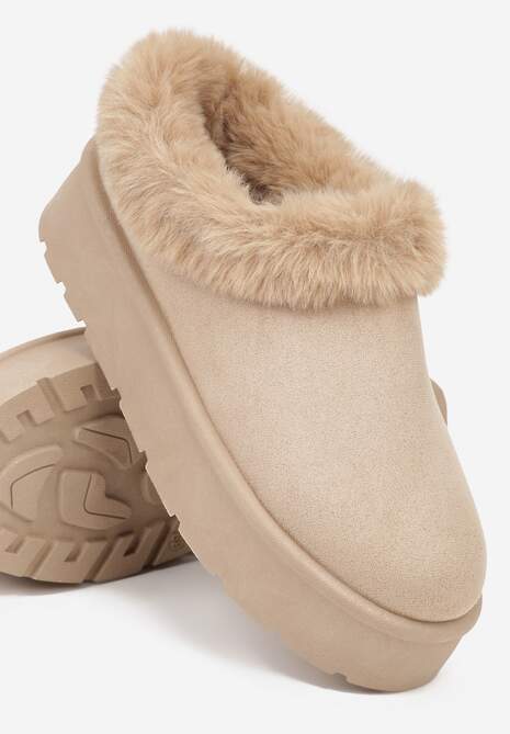 Ciemnobeżowe Krótkie Śniegowce na Platformie Ozdobione Futerkiem Sewlara