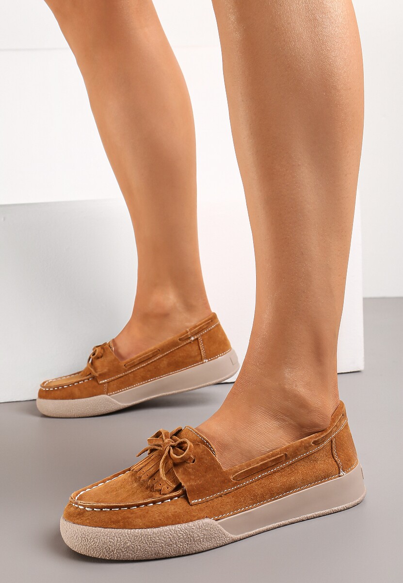 Brązowe Klasyczne Mokasyny ze Skóry Naturalnej z Kokardką Pristis