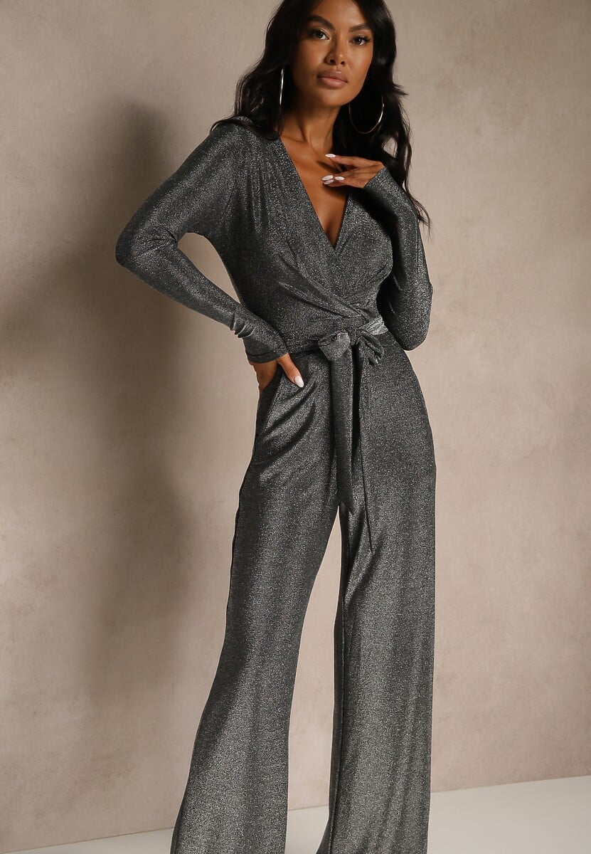 Czarny Kopertowy Kombinezon z Wiskozą Wiązany w Talii Paskiem Temionna