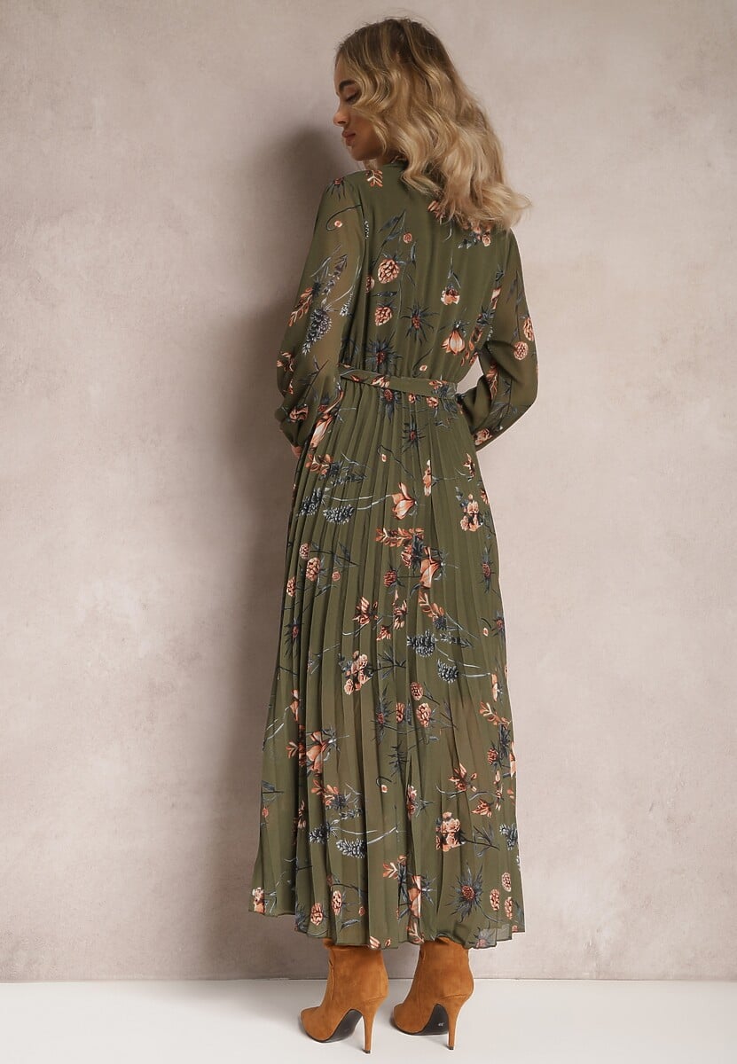 Ciemnozielona Sukienka Plisowana w Kwiaty Emiranda