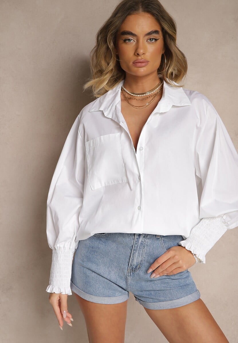 Biała Koszula z Bawełny Ozdobiona Falbankami i Marszczeniami Liorale