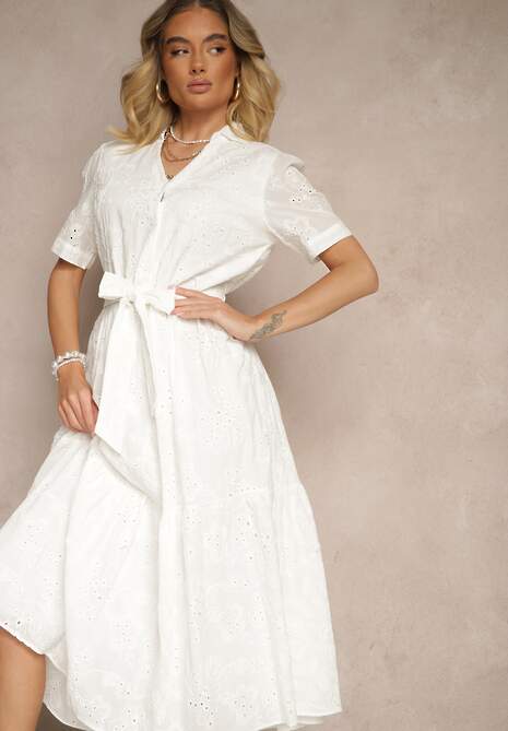 Biała Ażurowa Sukienka z Bawełny Wiązana w Pasie Koszulowa Divanira