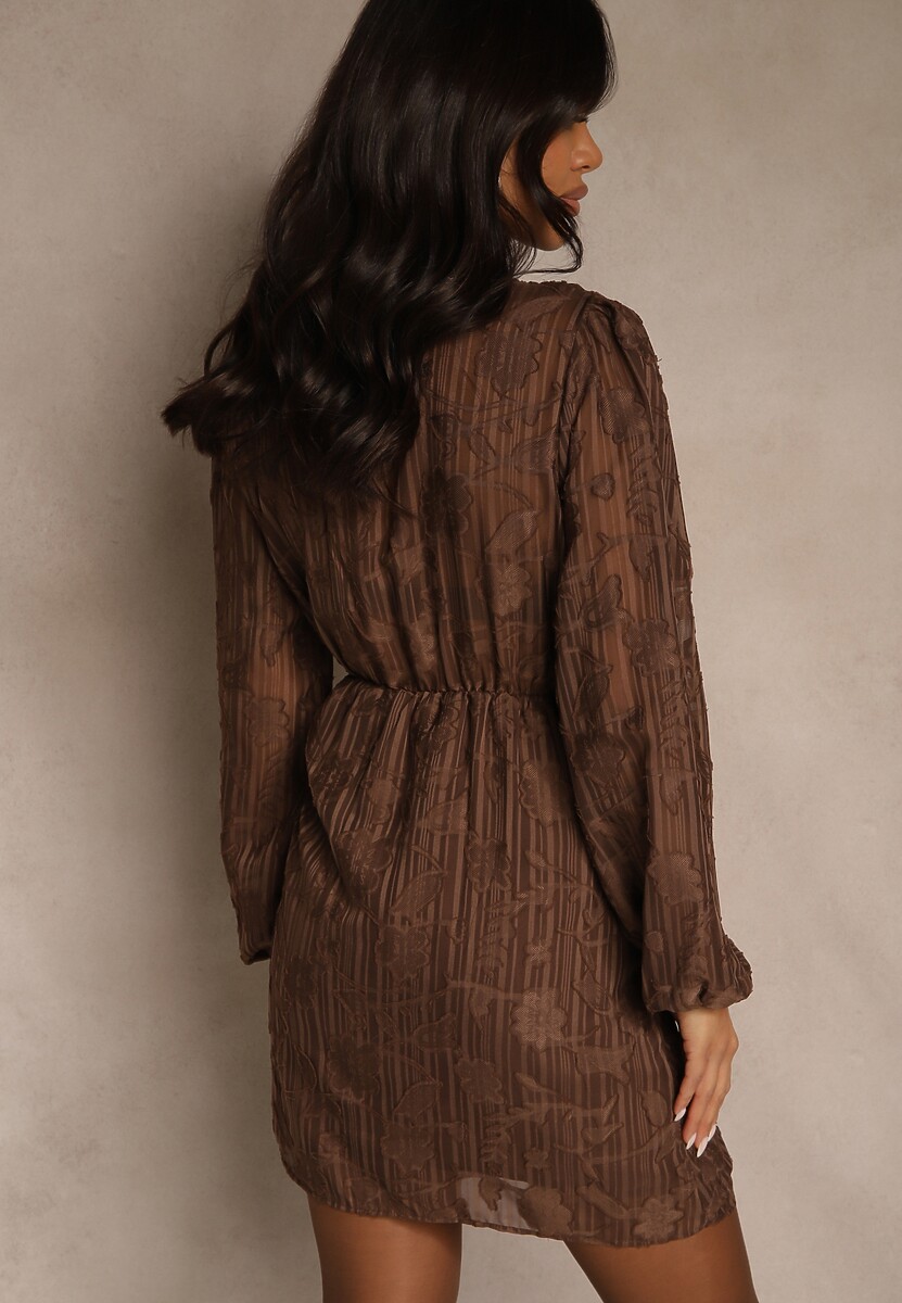 Brązowa Sukienka w Kwiaty o Kopertowym Kroju z Wiązanym Paskiem Essna