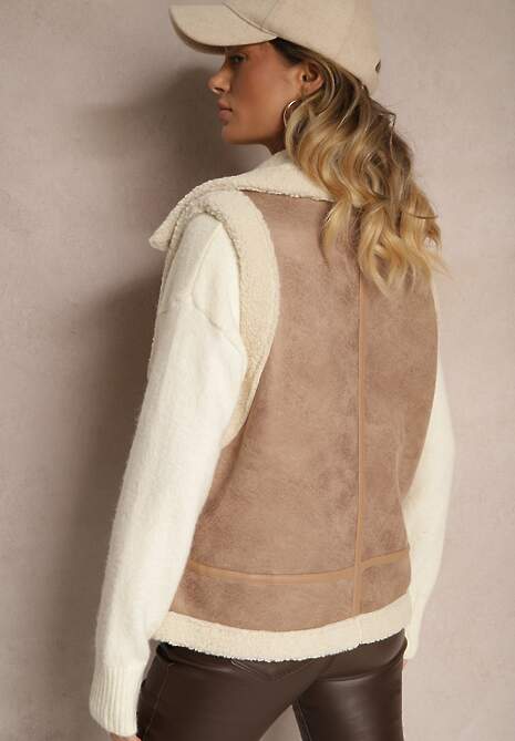Beżowa Kamizelka Ozdobiona Wstawkami z Futerka Reaelia