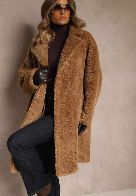 Brązowy Płaszcz Teddy o Dwurzędowym Kroju Oversize Azzena
