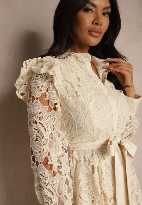 Beżowa Rozkloszowana Sukienka o Koszulowym Fasonie z Falbanką i Koronką Caramia