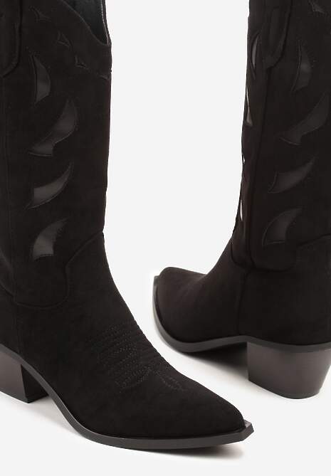 Czarne Botki na Stożku w Stylu Kowbojek Ozdobione Geometrycznym Motywem Latiresa