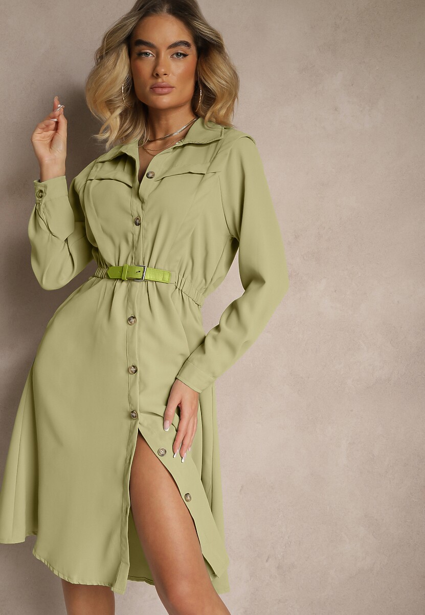 Brązowa Koszulowa Sukienka z Gumką w Talii i Paskiem z Klamerką Jenele