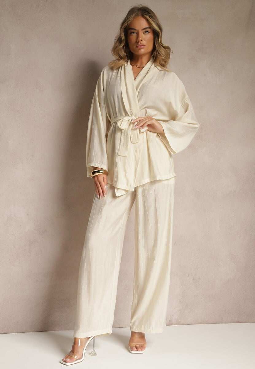 Beżowy Komplet z Wiskozy Spodnie o Szerokim Kroju i Bluzka z Wiązaniem Livelia