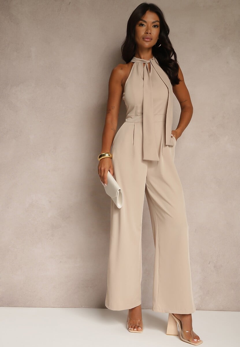 Beżowy Kombinezon Wide Leg z Ozdobnym Wiązaniem przy Szyi Silelia