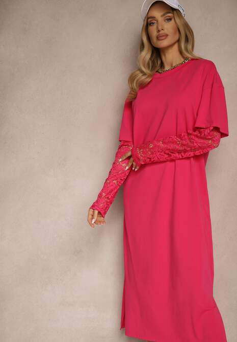 Fuksjowa Sukienka z Bawełny o Kroju Typu T-shirt z Koronką i Rozcięciami Tanisla
