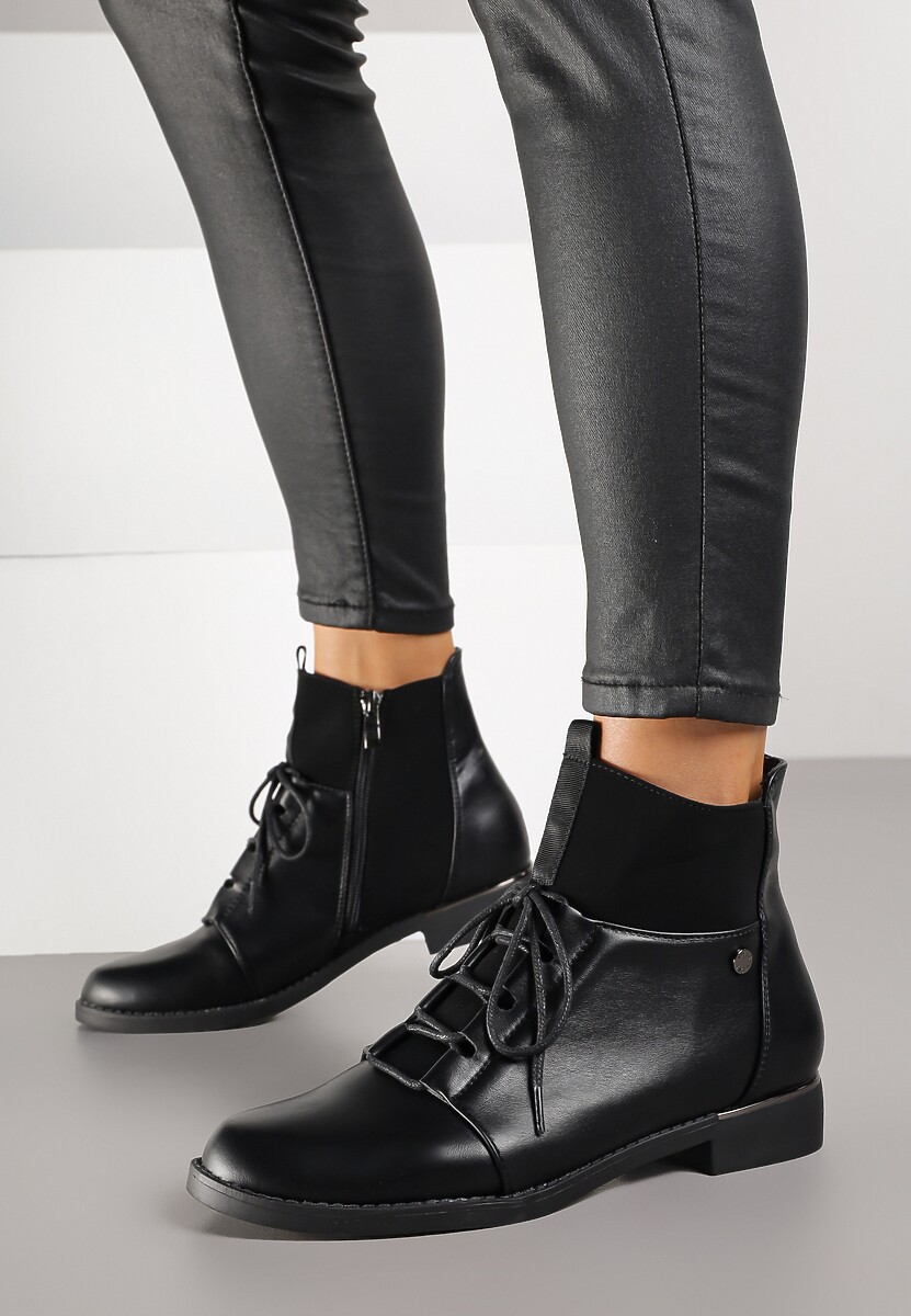 Czarne Botki Vices ze Sznurowaną Cholewką i Elastycznymi Panelami Flilera