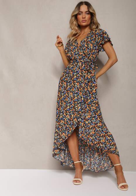 Czarno-Niebieska Sukienka z Bawełny Kopertowa z Paskiem w Talii w Kwiatowy Print Risalline