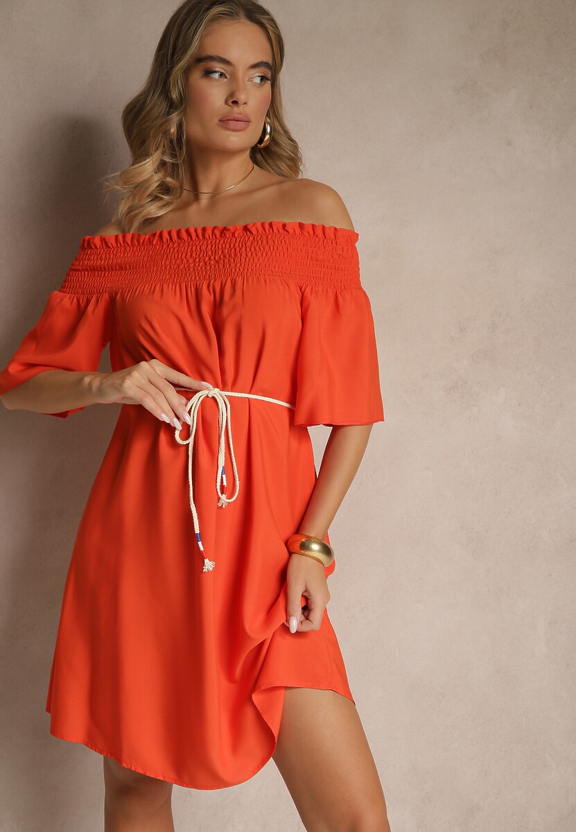 Pomarańczowa Sukienka Hiszpanka z Bawełną i Wiskozą Ozdobiona Sznurkiem Lilarelle
