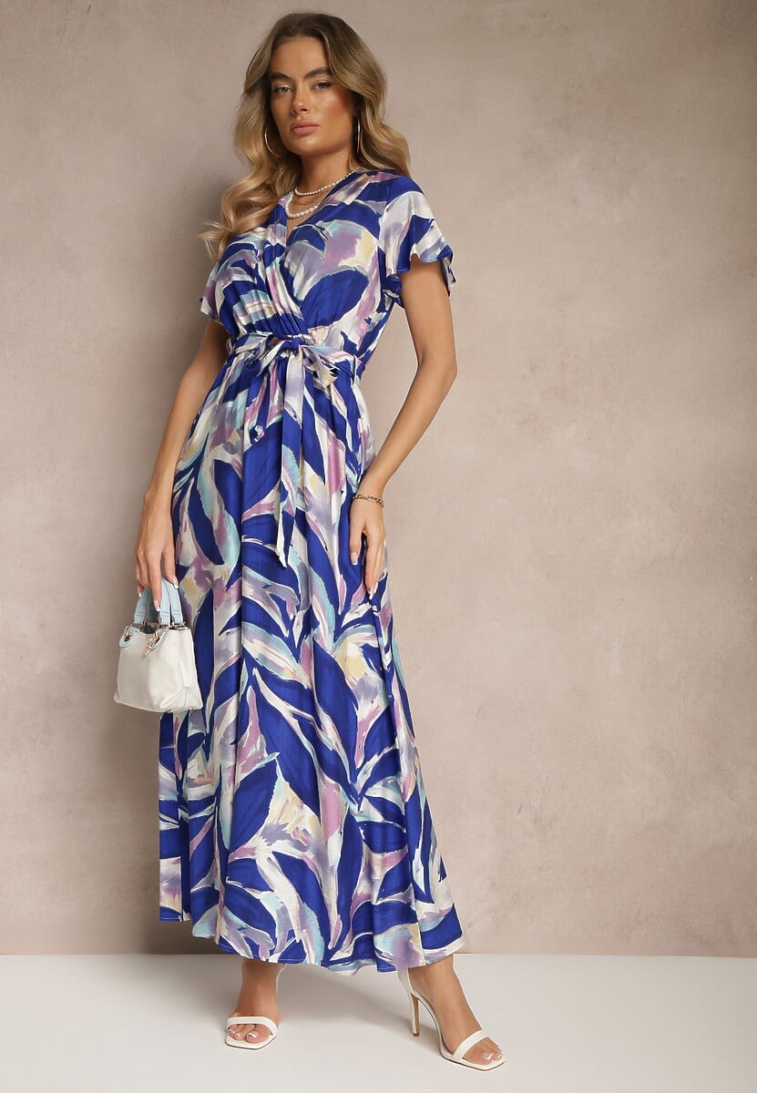 Niebieska Kopertowa Sukienka z Wiskozy z Wiązanym Paskiem w Roślinny Print Arivane