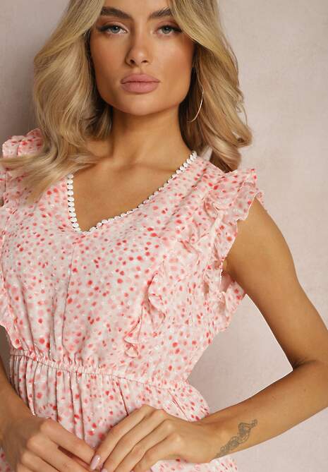 Różowa Rozkloszowana Sukienka z Gumką w Pasie i Falbankami Ulaia