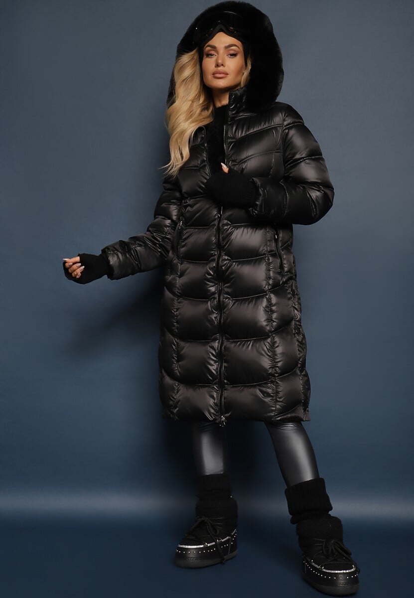 Brązowa Kurtka Płaszcz za Kolano z Pikowaniem i Odpinanym Kapturem Calarin