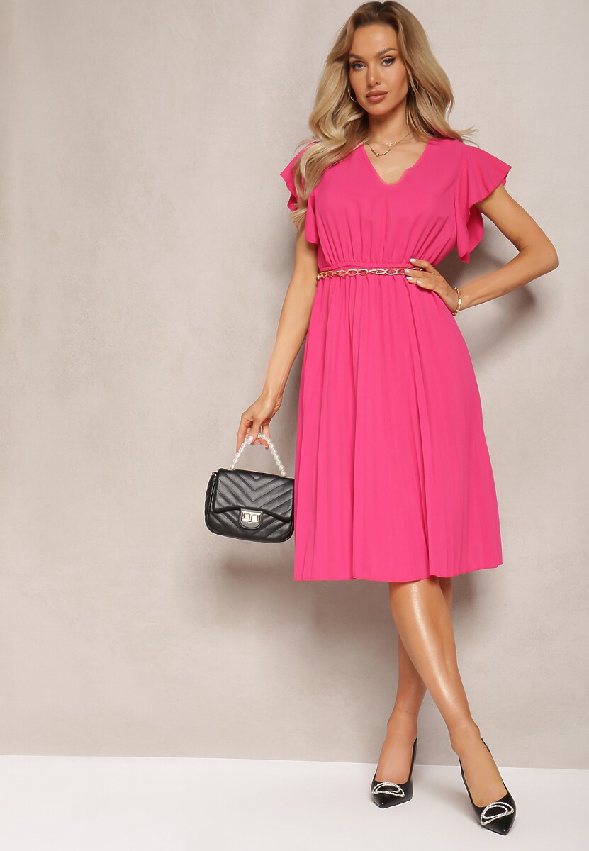 Ciemnoróżowa Rozkloszowana Sukienka Midi z Plisami na Dole Nairata