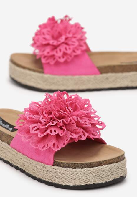 Fuksjowe Klapki z Kwiatem na Pasku i Plecionką na Korkowej Podeszwie Presta