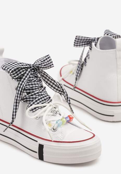 Białe Trampki Ozdobione Koralikami i Wstążką w Kratkę Vichy Armio