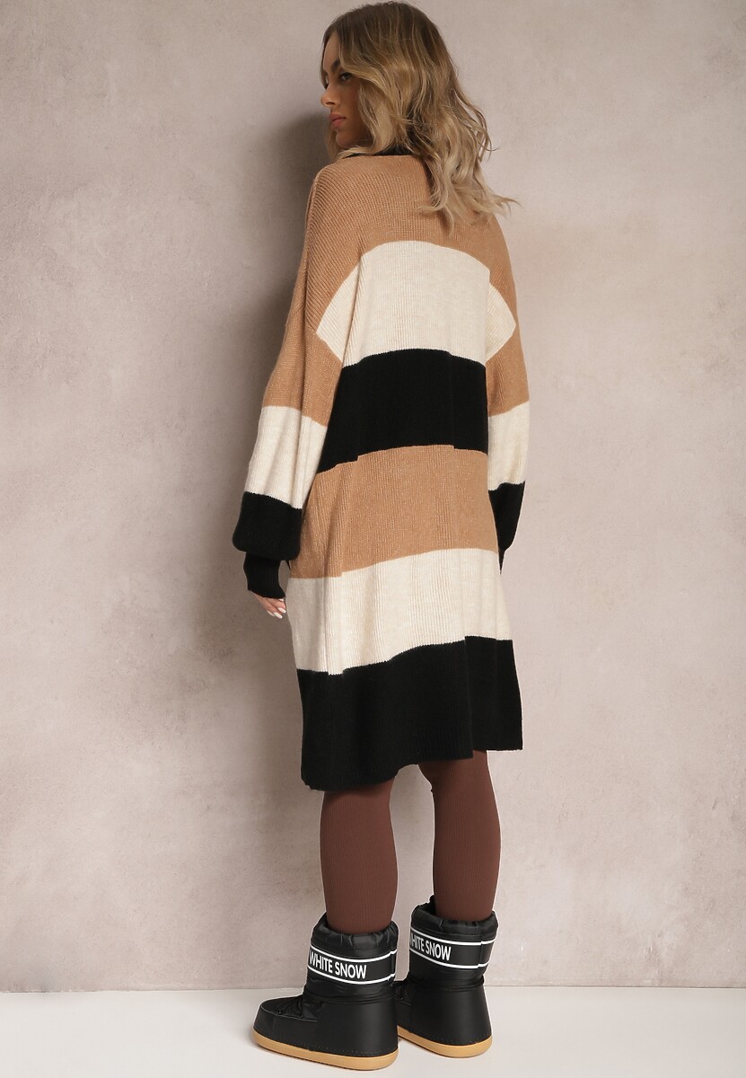 Brązowy Luźny Kardigan Niezapinany w Paski Blikoze