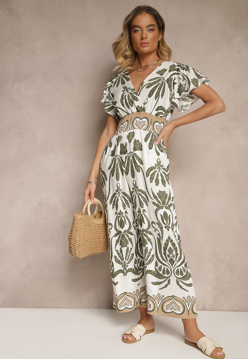 Ciemnozielony Kombinezon z Wiskozy z Zaznaczoną Talią w Boho Wzór i Dekoltem V Virazia