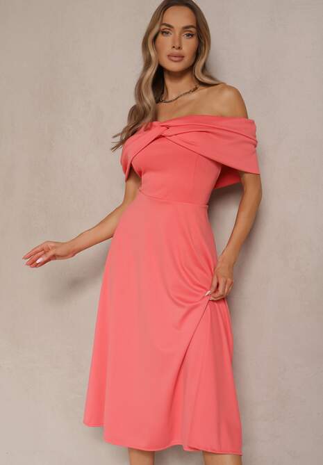 Pomarańczowa Sukienka Rozkloszowana Ozdobiona Kokardą Odarra