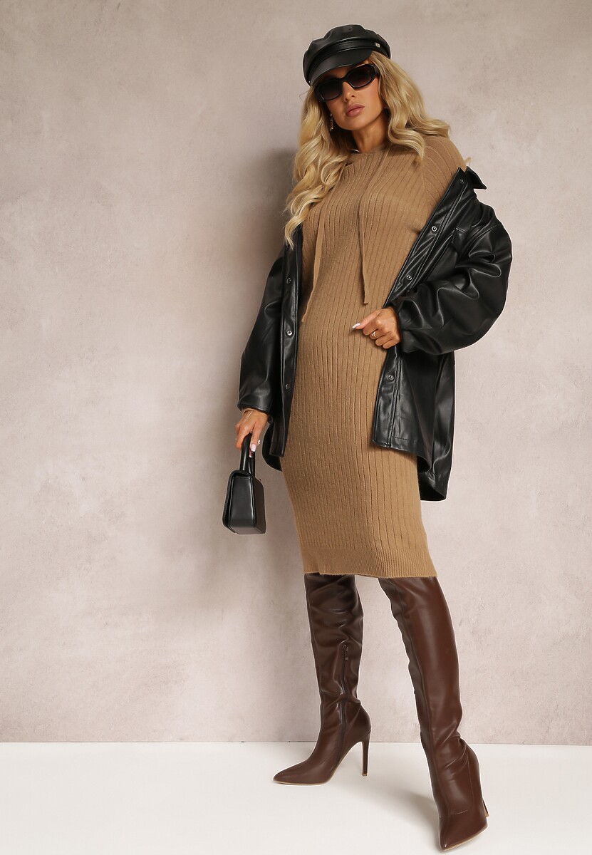 Ciemnobeżowa Wełniana Sukienka w Prążki z Kapturem Opiuda