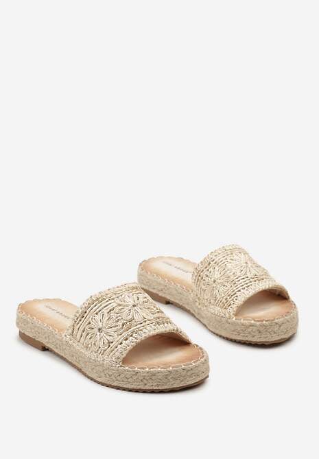 Beżowe Casualowe Klapki na Platformie Ozdobione Plecioną Jutą Rifenia