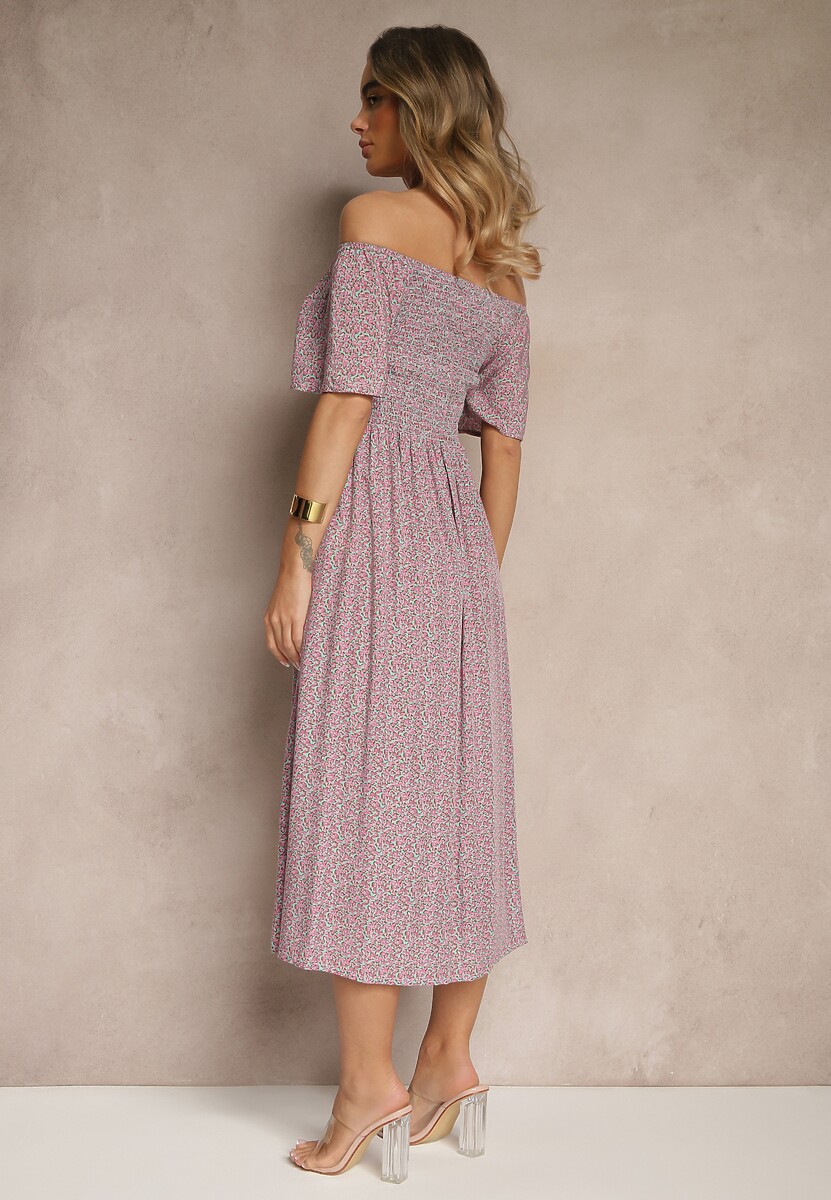 Różowa Bawełniana Sukienka Hiszpanka o Rozkloszowanym Kroju w Kwiaty Sadique