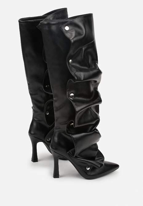 Czarne Marszczone Kozaki na Szpilce z Cholewką na Napy Reiantha