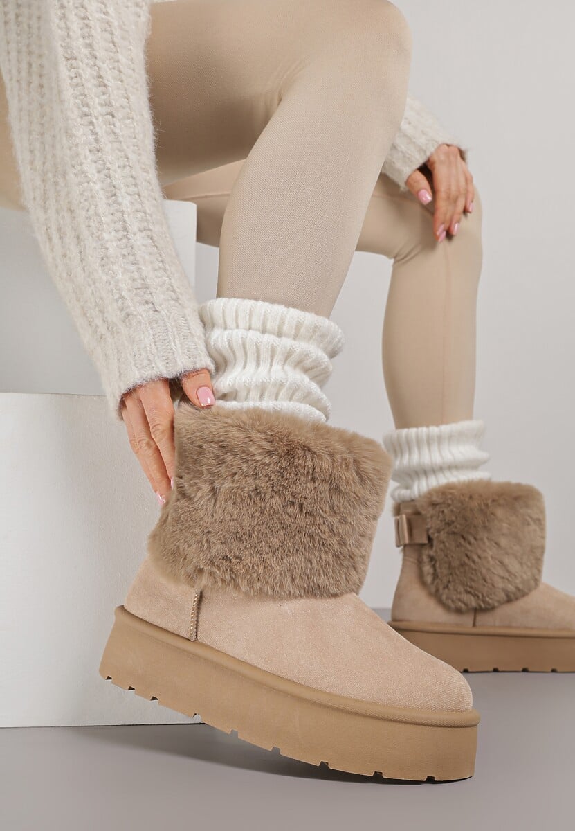 Ciemnobeżowe Śniegowce z Cholewką za Kostkę Ocieplane z Futerkiem i Małą Kokardą Reinedia