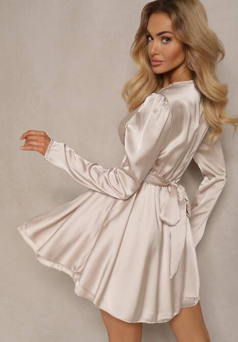 Beżowa Satynowa Sukienka Mini z Falbankami i Paskiem z Tyłu w Talii Catriona