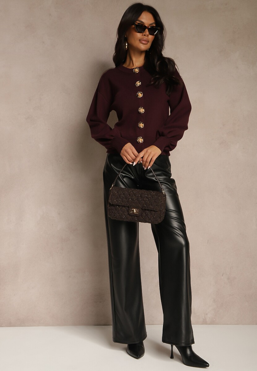 Bordowy Kardigan z Wiskozą Zdobiony Eleganckimi Napami i Bufiastymi Rękawami Acannte