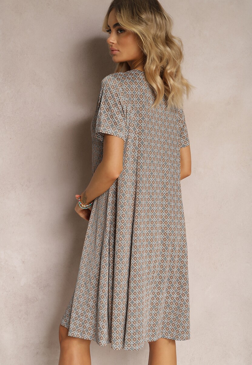 Zielono-Beżowa Sukienka Mini z Wiskozy z Rozkloszowanym Dołem Lontassa