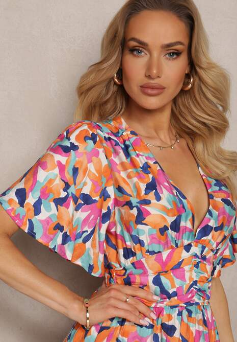 Pomarańczowo-Granatowa Wiskozowa Sukienka z Gumką w Talii z Ozdobnymi Marszczeniami i Rozcięciem Glara