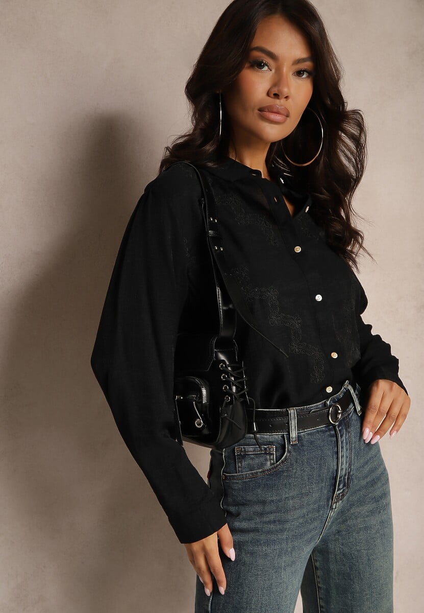 Czarna Koszula z Hafem z Cyrkoniami Przy Dekolcie Invorina